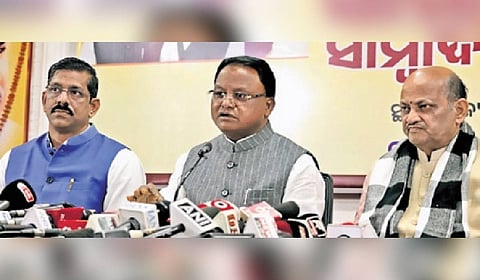 Chief Minister Mohan Charan Majhi addressing mediapersons at BJP party office in Bhubaneswar on Tuesday.