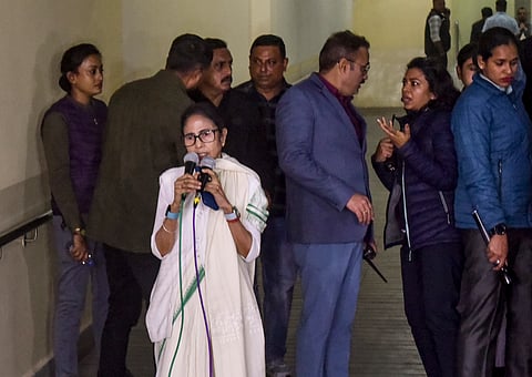 West Bengal Chief Minister Mamata Banerjee speaks to media after the Enforcement Directorate conducted searches on the premises of political consultancy firm I-PAC and its director, Pratik Jain, in Kolkata, Thursday, Jan. 8, 2026. 