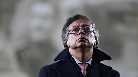Colombian President Gustavo Petro looks on during a swearing-in ceremony for new military commanders at the army academy in Bogota, Colombia, Monday, Dec. 29, 2025.