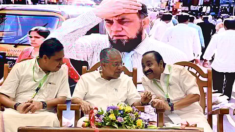 Chief Minister Pinarayi Vijayan and opposition leader VD Satheesan at the inaugural ceremony of the Kerala Legislature International Book Festival at the R Sankaranarayanan Thampi Hall on Wednesday. Speaker AN Shamseer is also seen.