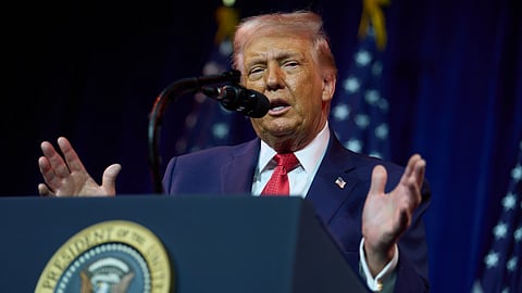 President Donald Trump speaks to House Republican lawmakers during their annual policy retreat, Tuesday, Jan. 6, 2026, in Washington.