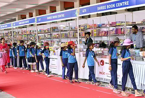 Students visiting stalls at the Kerala Legislative Assembly International Book Festival, which was inaugurated on Wednesday