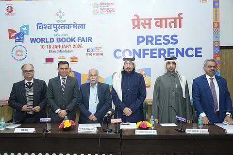From L to R : Kumar Vikram, Chief Editor &  Joint Director, NBT-India; Yuvraj Malik, Director, NBT, India & CEO, New Delhi World Book Fair; Milind Sudhakar Marathe, Chairman, NBT-India, Mohammed Hassan Jabir Al Jabir, Ambassador of Qatar to India; Jassim Ahmed Al Buainain, Director of Doha International Book Fair and Premjit Lal, Executive Director, ITPO.