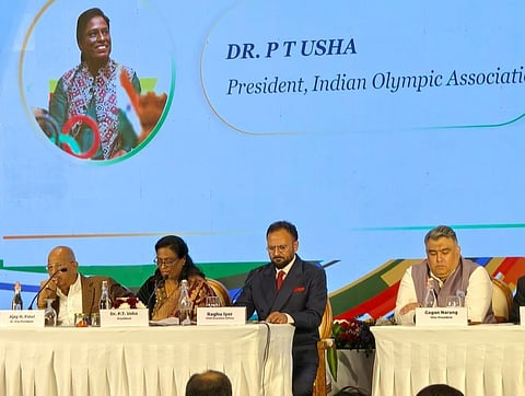 IOA President PT Usha along with CEO Raghuram Iyer (2nd R), Vice President Gagan Narang (R), and Senior VP Ajay Patel (L)