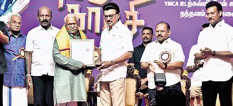 Chief Minister MK Stalin honours writer Sukumaran at the inaugural function of the 49th Chennai International Book Fair on Thursday.