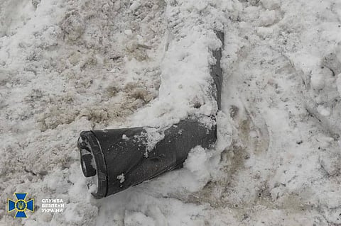 This photo provided by the Ukrainian Security Service on Friday, Jan. 9, 2026, shows a fragment believed to be a part of a Russian Oreshnik intermediate range hypersonic ballistic missile that hit the Lviv region.