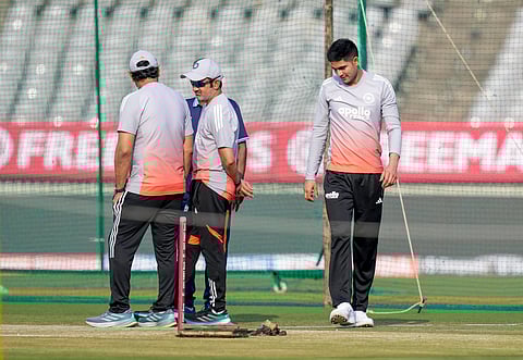India skipper Shubman Gill (R) during a practice session in Vadodara on Saturday