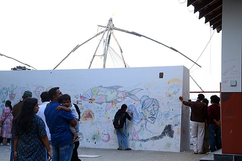 An 'open stage' where anyone can play artist, set up near the Water Metro terminal in Fort Kochi