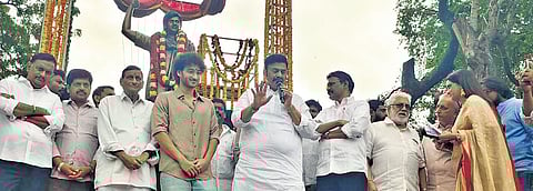 The statue depicts Krishna in the iconic Ram Raju role from the film Eenadu.