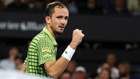 Daniil Medvedev of Russia reacts after he won the men's final match against Brandon Nakashima of the United States 6-2, 7-6, at the Brisbane International tennis tournament in Brisbane, Australia, Sunday, Jan. 11, 2026.