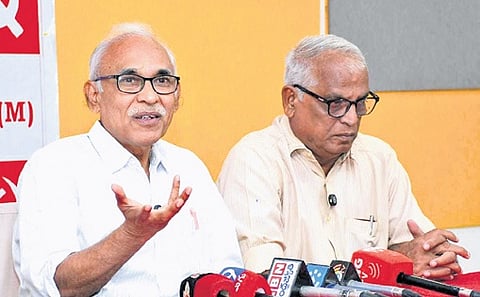 CPM Politburo member BV Raghavulu addressing a press conference in Vijayawada on Sunday.
