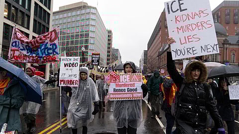 Demonstrators march outside the White House in Washington, against the Immigration and Customs Enforcement (ICE) agent who fatally shot Renee Nicole Good in Minneapolis.