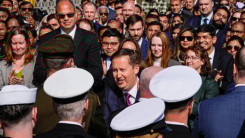 Newly appointed United States Ambassador to India Sergio Gor, center, greets officials upon his arrival at the US Embassy, in New Delhi, Monday, Jan. 12, 2026