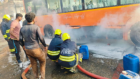 Officials of the Capital Region Urban Transport (CRU T) said the e-bus had been parked at the depot for an intermediate charging following the daytime route service and no passenger was inside. 