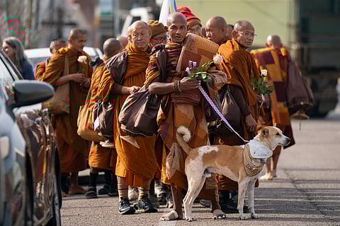 Buddhist monks who are participating in the, "Walk For Peace," arrive in Saluda, Thursday, Jan. 8, 2026, in Saluda, S.C