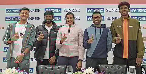 (from left) Chirag Shetty, Satwiksairaj Rankireddy, PV Sindhu, HS Prannoy and Ayush Shetty during the pre-tournament press conference in New Delhi on Monday