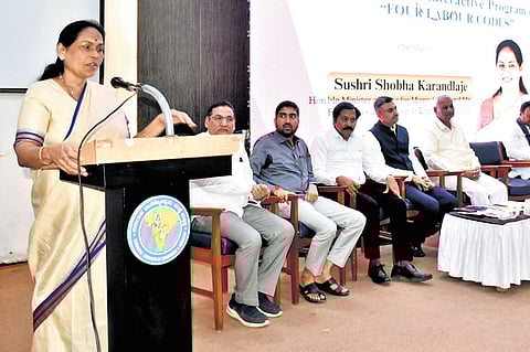 Union Minister of State Shobha Karandlaje addresses an Awareness and Consultation Programme on Four Labour Codes in Hubballi on Monday 
