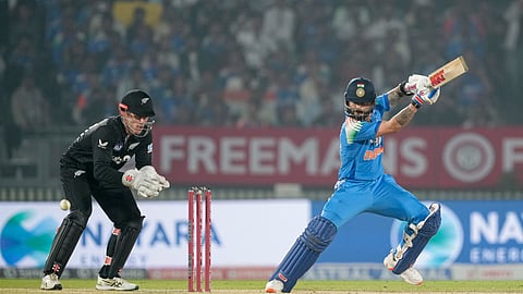 Indias Virat Kohli plays a shot during the first ODI cricket match of a series between India and New Zealand, at Kotambi Stadium, in Vadodara, Gujarat, Sunday, Jan. 11, 2026.