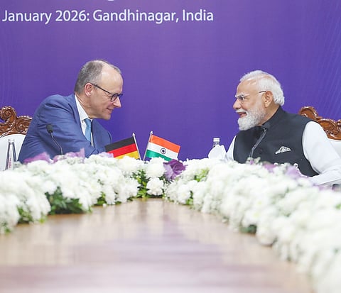 German Chancellor Friedrich Merz and Prime Minister Narendra Modi holding talks in Ahmedabad.