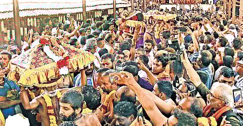 The ceremonial Thiruvabharanam procession being taken out from Pandalam to Sabarimala on Monday 