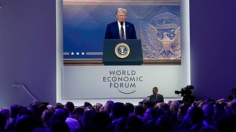Attendees listen to a virtual speech delivered by U.S. president Donald Trump, at the Annual Meeting of World Economic Forum in Davos, Switzerland, in 2025. 