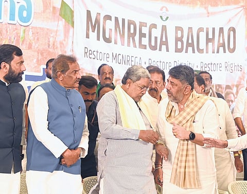 Congress leaders, including CM Siddaramaiah and Deputy CM DK Shivakumar, at a meeting of ‘MGNREGA Bachao Sangram’ in Bengaluru on Tuesday  
