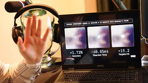 Neurable research scientist Dr. Alicia Howell-Munson speaks during an interview about Neurable and HP Inc.’s HyperX collaboration brain-computer interface and gaming audio headset with the Prime application for neurofeedback to measure brainwave activity (EEG) and improve brain function during the annual Consumer Electronics Show (CES) in Las Vegas, Nevada on January 7, 2026.