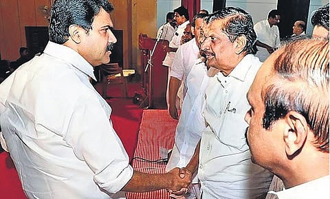 KC(M) chairman Jose K Mani with Kerala Congress supremo P J Joseph 