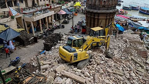 The ongoing demolition drive at the Manikarnika ghat in Varanasi.