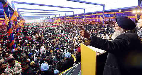 Shiromani Akali Dal (SAD) president Sukhbir Singh Badal addressing a party conference at the Maghi Mela in Muktsar. (Photo | Special arrangement)