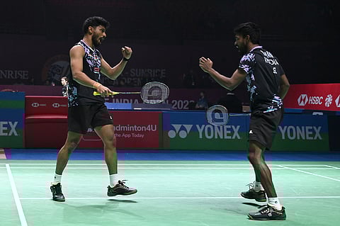 Hariharan Amsakarunan & MR Arjun in action during Round of 32 at India Open 2026