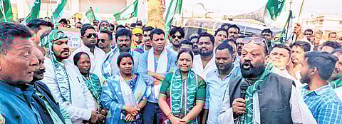 BJD members staging protest in Nabarangpur on Tuesday.