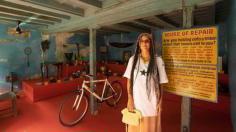 Artist Cinthia Marcelle with her work ‘House of Repair’ at Anand Warehouse in Mattancherry