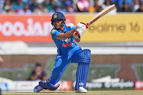 India's captain Shubman Gill plays a shot during the second One Day International cricket match between India and New Zealand in Rajkot, India, Wednesday, Jan. 14, 2026.