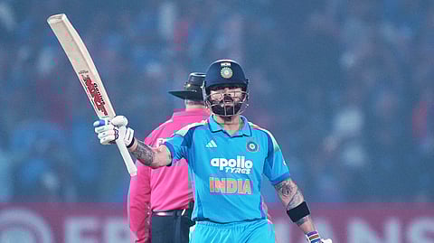 India's Virat Kohli celebrates his fifty runs during the first One Day International cricket match between India and New Zealand in Vadodara, India, Sunday, Jan. 11, 2026.