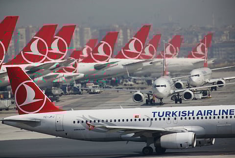 Turkish Airlines airplanes are parked at Ataturk International Airport, in Istanbul. 