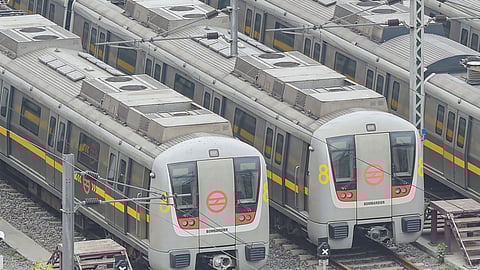 Metro trains parked at Timarpur Yard during COVID-induced lockdown, in New Delhi, Monday, May 10, 2021.