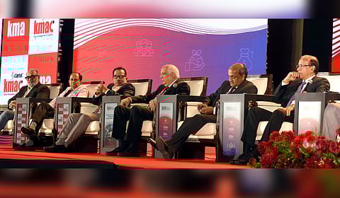 From left: KMA Honorary Secretary K Anil Varma, Geojit Financial Services MD C J George, Muthoot Group MD George Alexander Muthoot, Former UN Deputy Secretary General Kumaresh C Misra, CEO, Arya Vaidya Sala, Kottakkal & President, KMA K Harikumar, and Cochin Shipyard CMD Madhu S. Nair at the KMA Annual Management Convention.