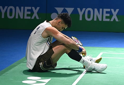 Lakshya Sen reacts after his quarterfinal defeat to Lin Chin-Yi on Friday