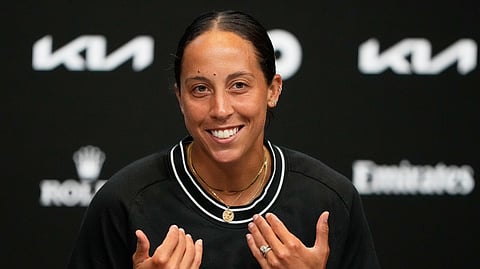Madison Keyes of the United States reacts during press conference ahead of the Australian Open tennis championship in Melbourne, Australia, Friday, Jan. 16, 2026.