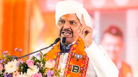 Maharashtra Chief Minister Devendra Fadnavis speaks during a BJP rally ahead of the civic body elections in Solapur.