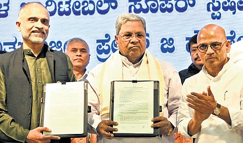 CM Siddaramaiah with Medical Education Minister Sharan Prakash Patil and Wipro Foundation CEO Anurag Behar in Bengaluru on Saturday.