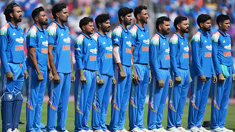 India's players stand up for national anthems before the start of the first One Day International cricket match between India and New Zealand in Vadodara, India, Sunday, Jan. 11, 2026. 