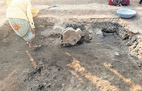 Excavation on for the second day at Lakkundi village near Gadag on Saturday.