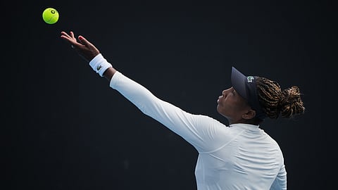 Venus Williams of the United States serves during a practice session ahead of the Australian Open tennis championship in Melbourne, Australia, Friday, Jan. 16, 2026.