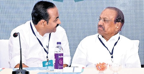 Leader of Opposition V D Satheesan & IUML national general secretary P K Kunhalikutty during the UDF Industrial Conclave in Kochi on Saturday.