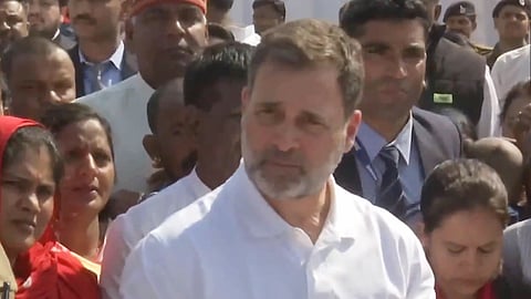 LoP and Congress MP Rahul Gandhi, accompanied by families of victims of the Bhagirathpura water contamination incident, speaks to the media during his visit to Indore on Saturday.