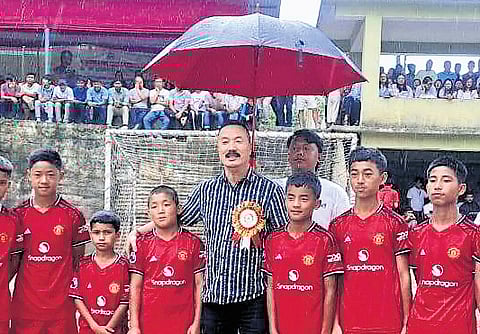 Tshewang Gyachho with children; (R) with a woman working as a cabin crew member
