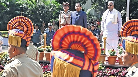 Chief Minister Siddaramaiah and Home Minister Dr G Parameshwara at the annual conference of police officers in Bengaluru on Saturday.