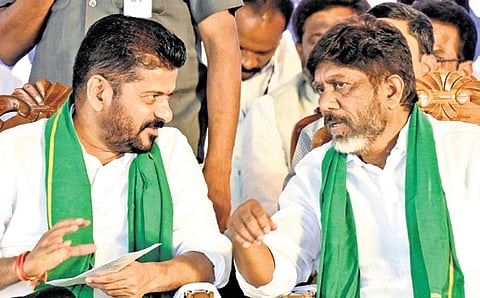 CM Revanth Reddy with Dy CM Mallu Bhatti Vikramarka at Paleru on Sunday.